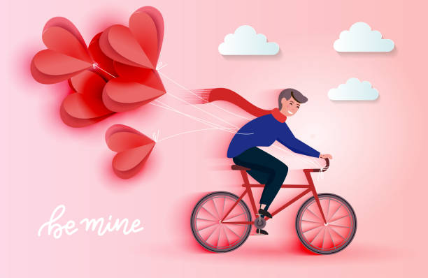 ilustrações de stock, clip art, desenhos animados e ícones de young riding bicycle and holding red heart paper cut balloons. love romantic card concept. happy valentine's day wallpaper, poster. vector illustration - february three dimensional shape heart shape greeting