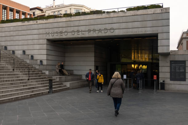 Prado museum celebrating 200th aniversary. Entrance to one of the main art museums and cultural landmarks in town Madrid, Spain - December, 2019: Prado museum celebrating 200th aniversary. Entrance to one of the main art museums and cultural landmarks in town museo del prado stock pictures, royalty-free photos & images