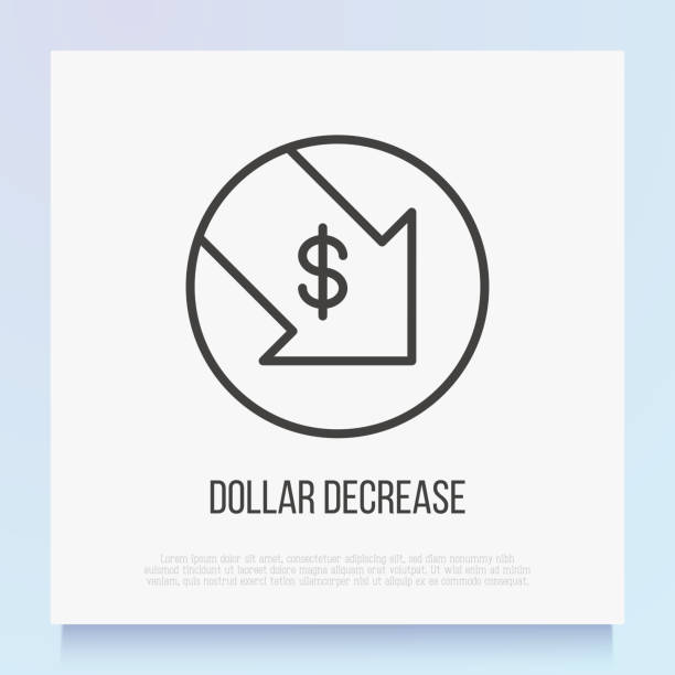 Dollar decreasing thin line icon: arrow symbol falling down. Rate cut, finance crisis, price reduction. Vector illustration. vector art illustration