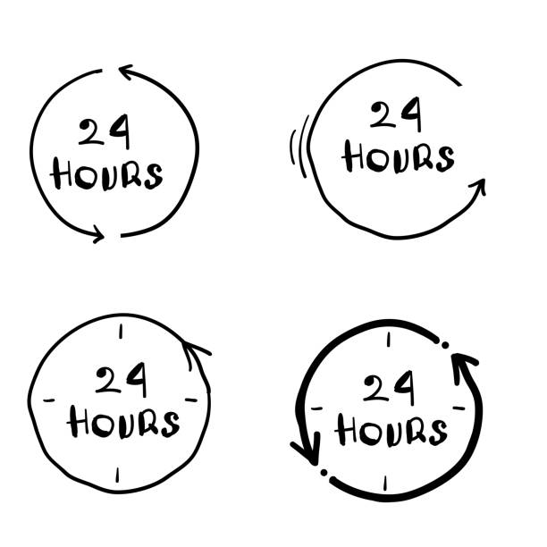 24 часов часы знак значок в каракули ручной стиль. двадцать четыре часа открытой векторной иллюстрации на белом изолированном - buttoning stock illustrations