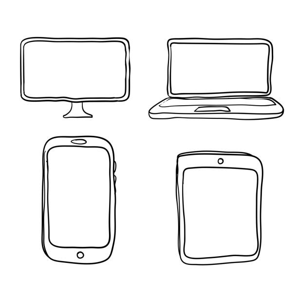 ilustraciones, imágenes clip art, dibujos animados e iconos de stock de icono del dispositivo: ordenador, portátil, tableta y teléfono inteligente con estilo de garabato dibujado a mano - mensaje de móvil ilustraciones