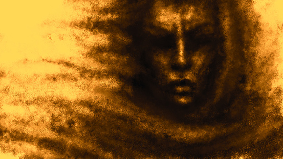 Angry witch from darkness. Illustration in the genre of fantasy. Orange background with coal and ink effect.