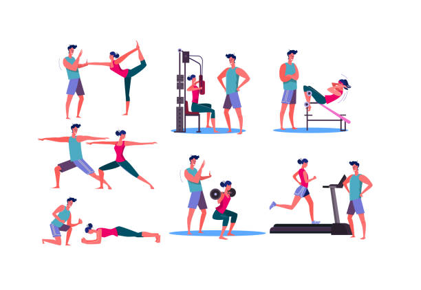 Set of sporty woman training at gym Set of sporty woman training at gym. Flat vector illustrations of young sportswoman training with trainer. Sport concept for banner, website design or landing web page woman on exercise machine stock illustrations