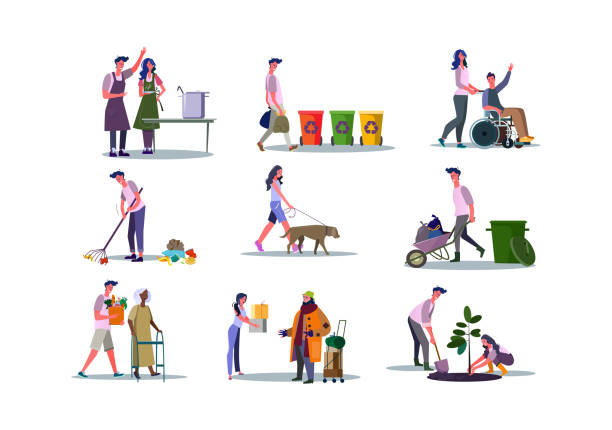 illustrazioni stock, clip art, cartoni animati e icone di tendenza di set di volontari che aiutano le persone e si prendeno cura dell'ambiente - riciclaggio illustrazioni