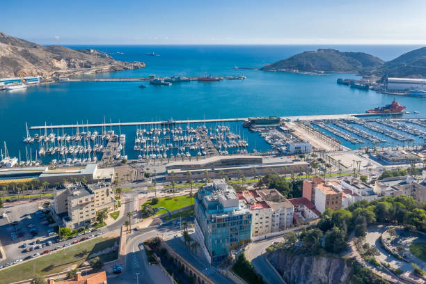 Aerial view of the bay with yachts in the city of Cartagena Spain Aerial view of the bay with yachts in the city of Cartagena Spain murcia province stock pictures, royalty-free photos & images