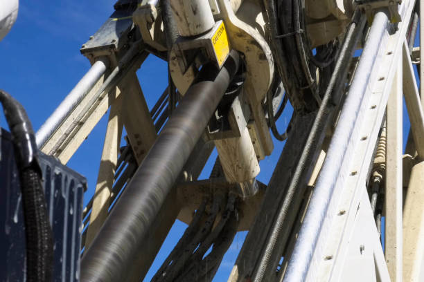 Drilling work at the well. drill rig, rotation of drill pipe. stock photo