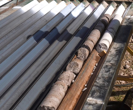 Core samples from the well. Core drilling for sampling of geological rock.