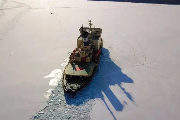Photo of Ice-enpalled naldo, ice breaking ship.