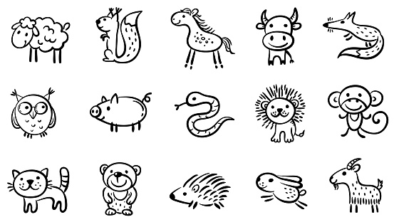Set of small sketchy animals, outline vector clipart