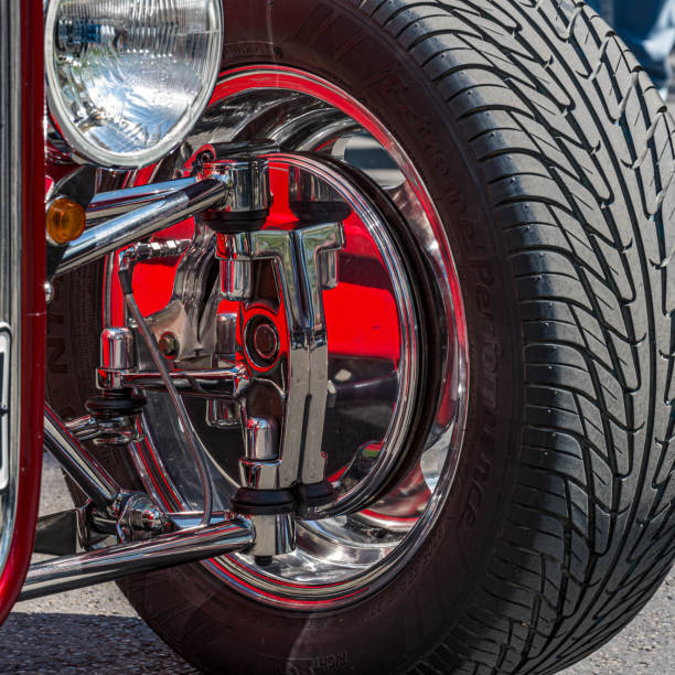 istock left front wheel from an American hot rod show car 1195917587