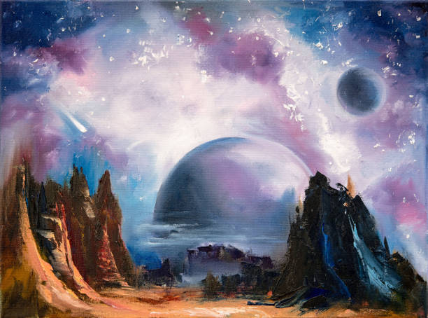 istock Space alien landscape, hand drawn oil painting. 1195928793