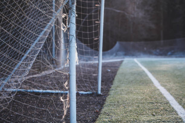 istock Snow covered soccer field, with forest background. 1195932694