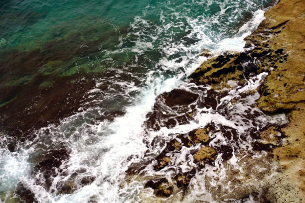 istock Sea coast with sharp rocks and foamy waves that hitting the coast 1195934371