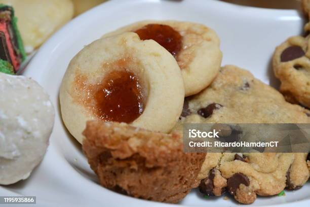 Strawberry Thumbprint Cookies Stock Photo - Download Image Now - Chocolate Chip Cookie, Coconut, Cookie