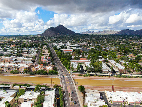 Aerial view of Scottsdale city with small river, desert city in Arizona east of state capital Phoenix. Downtown's Old Town Scottsdale