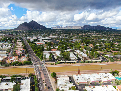 Aerial view of Scottsdale city with small river, desert city in Arizona east of state capital Phoenix. Downtown's Old Town Scottsdale