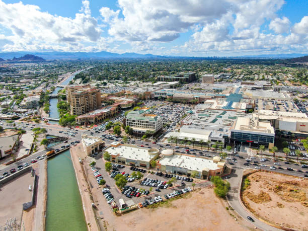 Aerial view of Scottsdale city with small river Aerial view of Scottsdale city with small river, desert city in Arizona east of state capital Phoenix. Downtown's Old Town Scottsdale old town photos stock pictures, royalty-free photos & images