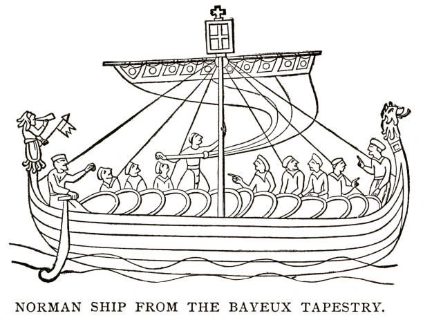 drzeworyt normandzkiego statku z bayeux tapestry - tkanina z bayeux stock illustrations