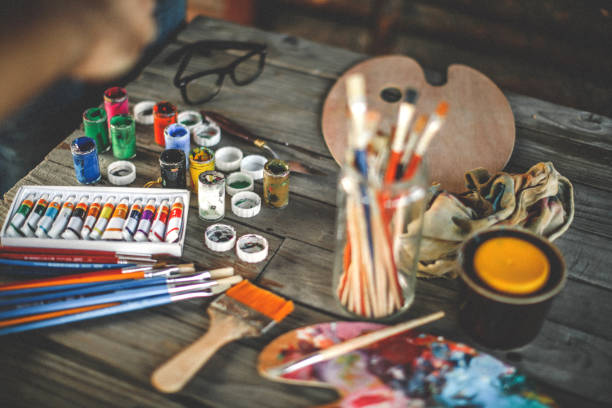 istock Colour palette on table, ready for painting 1195939576