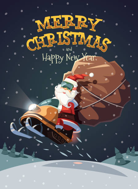 Santa Claus dashing through the snow on snowmobile Santa Claus dashing through the snow on snowmobile december clipart pictures stock illustrations