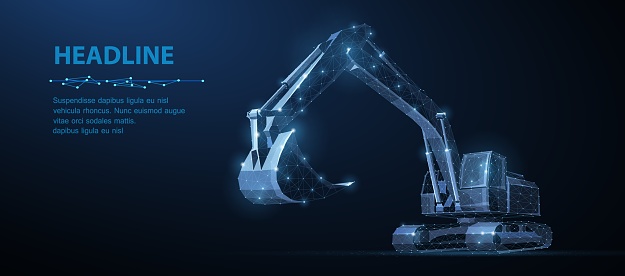 Abstract vector 3d excavator isolated on blue background. Construction, building, heavy machine, industrial machinery, mining concept illustration