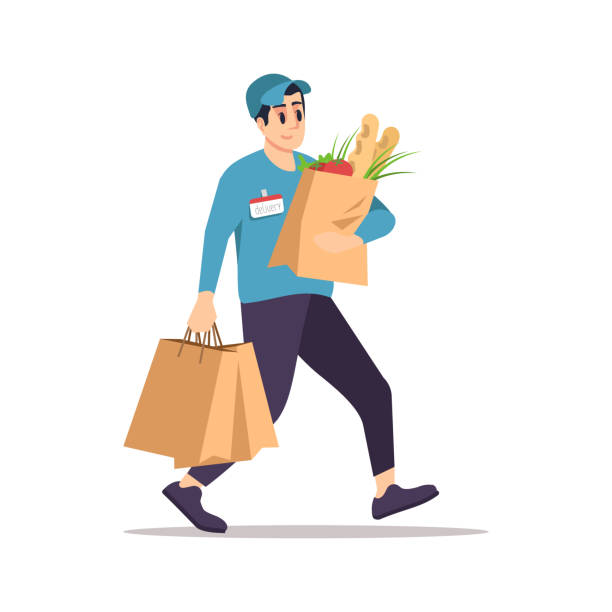 grocery store dodávka plochý vektor ilustrace - kurýr povolání stock ilustrace