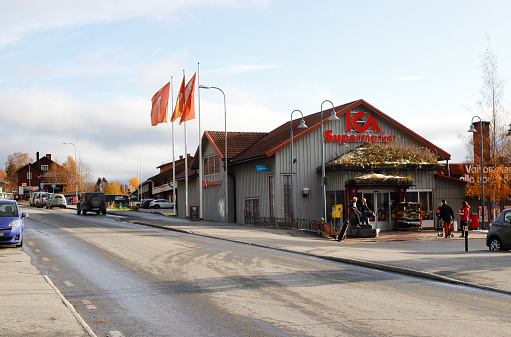 Funasdalen, Sweden - October 10, 2019: Village center with the ICA Supermarket.