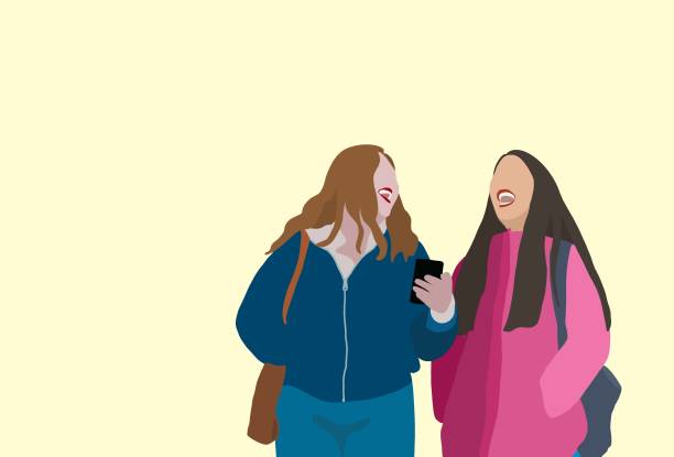 Young two women walking and using a phone with laugh vector art illustration