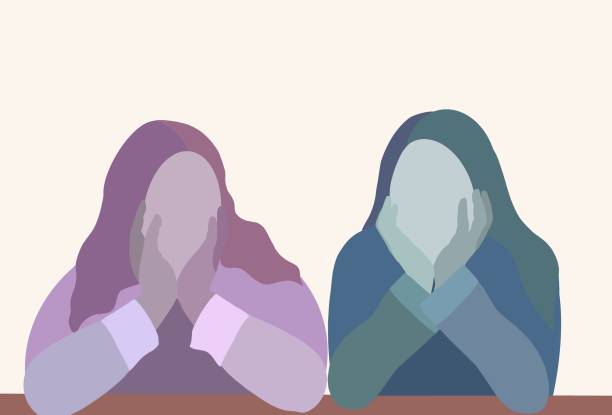 Young two women sitting and looking at you. vector art illustration