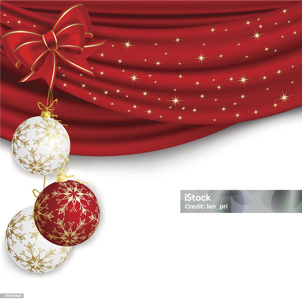 Three Christmas ornaments hanging from a red ribbon sash Christmas background with red curtain and ball The archive contains files PDF,SVG,AI(CS3). Backgrounds stock vector
