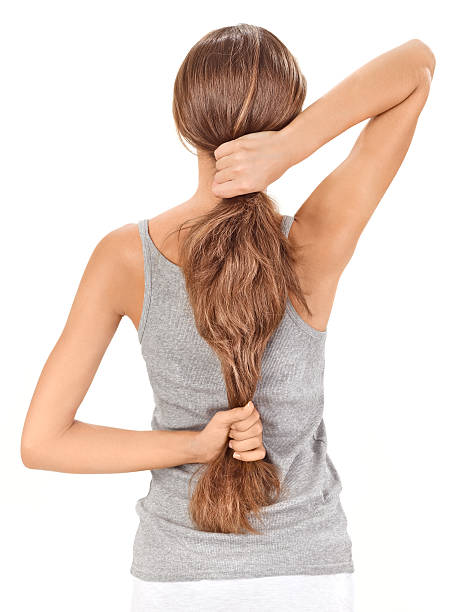 istock Brunette lady holding long hairs, view from back side 119596033