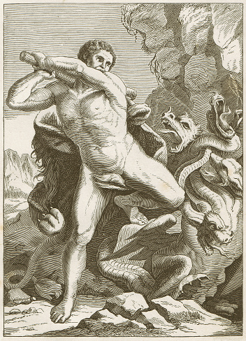 Hercules Vanquishing the Hydra of Lerma. Woodcut engraving after a painting (1620) by Guido Reni (Italian painter, 1575 – 1642) in Musee du Louvre, published in 1883.
