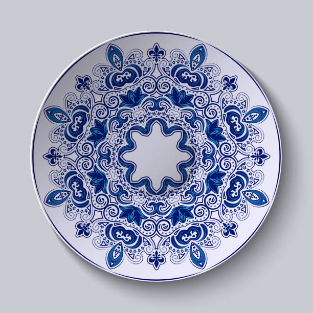 ilustrações, clipart, desenhos animados e ícones de ornamento decorativo azul. o padrão é aplicado em uma placa de cerâmica. - russian culture ornate pattern vector