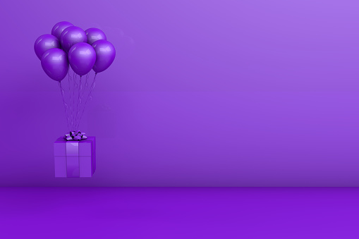 3d rendering of Birthday, holiday or party celebration concept. Flying purple balloons carrying a gift box on purple background. web banner with copy space.