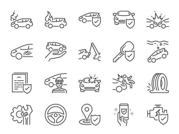 Vector illustration of Car insurance icon set. Included icons as emergency, risk management, protection, accident, Side Collision, Front Collision, Broken Car and more.