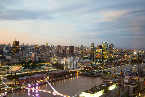 Aerial view of Buenos Aires - downtown and Puerto Madero at dusk