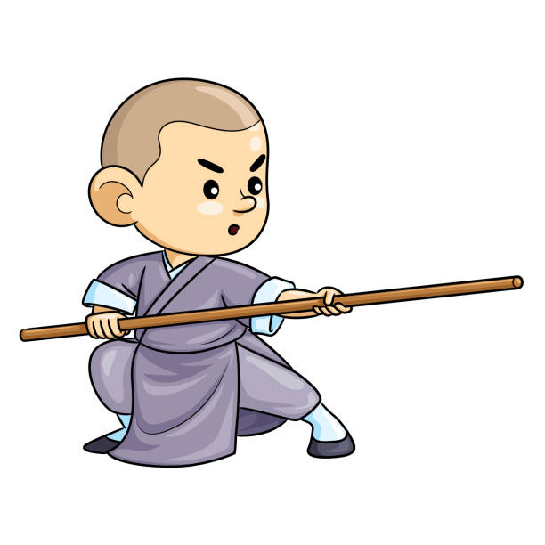 illustrazioni stock, clip art, cartoni animati e icone di tendenza di cartone animato di kung fu kid - shaolin warrior monk