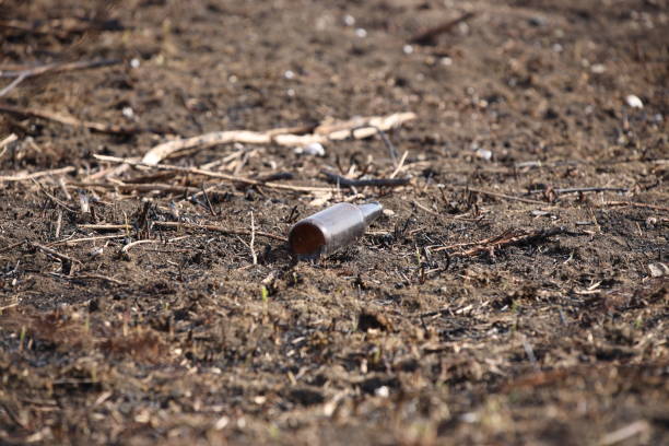 An empty glass charred bottle is lying on grass that has been baked out. Ecological catastrophy. Spring tan green cover. Danger of fire. The destruction of life and pollution. Problems of civilization. una botella de vidrio vacía carbonizada está sobre la hierba que ha sido horneada. catastrofia ecológica. cubierta verde bronceado de primavera. peligro de incendio. la destrucción de la vida y la contaminación. problemas de civilización