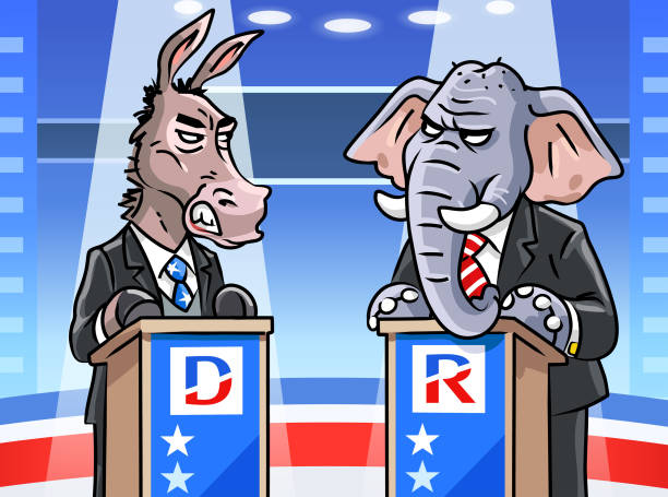 Democratic Donkey And Republican Elephant In TV Debate Vector illustration of a democratic donkey and a republican elephant in a TV studio debating at a lectern. They are angrily looking at each other. Concept for US politics, elections, television and the media, presidential elections, political parties, rivalry, conflicts and debates. gop debate stock illustrations