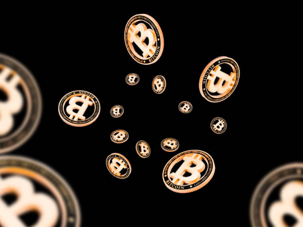 istock Money falling. Gold Bitcoins on dark. Litecoin, Ethereum Cryptocurrency background. 1195996824