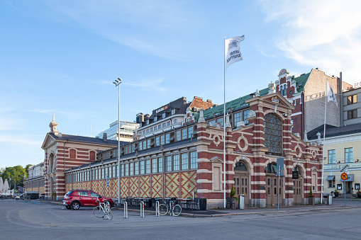 Helsinki, Finland - June 18 2019: The Old Market Hall (Finnish: Vanha Kauppahalli) near the Town Hall.