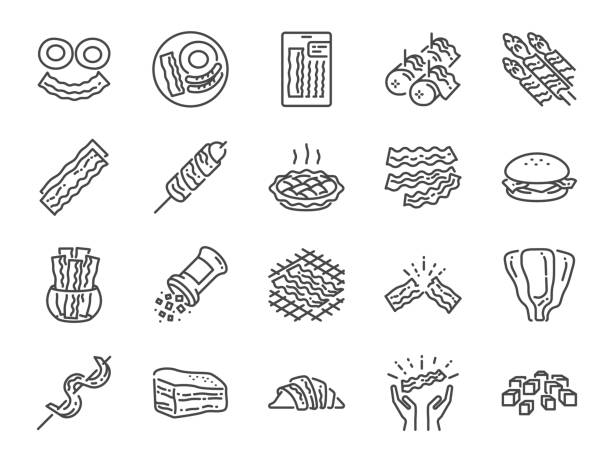 Bacon line icon set. Included icons as pork, food, tasty, smoked, yummy, grill and more. Bacon line icon set. Included icons as pork, food, tasty, smoked, yummy, grill and more. crunchy stock illustrations