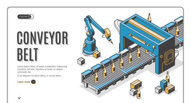 ilustrações de stock, clip art, desenhos animados e ícones de conveyor belt web banner, robot hands pack bottles - semi skimmed milk