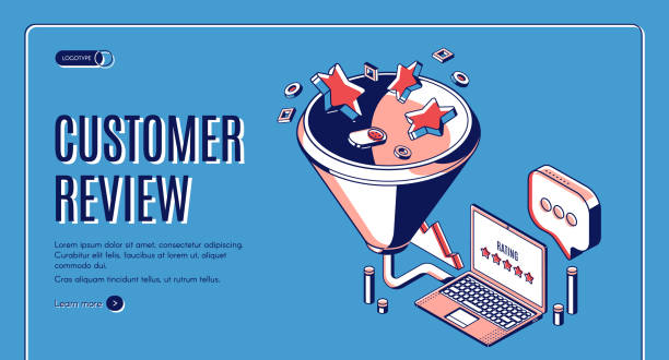 Customer review best result isometric landing page Customer review isometric landing page. Feedback and rating stars falling into huge funnel and displaying on laptop screen. Clients satisfaction best result 3d vector line art illustration, web banner suitable upper stock illustrations