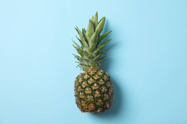 istock Pineapple on blue background, space for text. Juicy fruit 1196002033