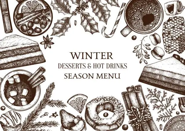 Vector illustration of Winter desserts and hot seasonal drinks design.