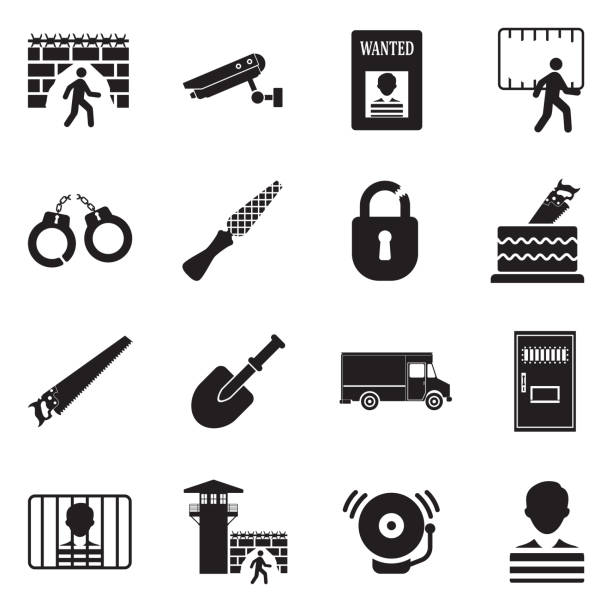 Prison Break Icons. Black Flat Design. Vector Illustration. Jail, People, Break, Law bounty hunter stock illustrations