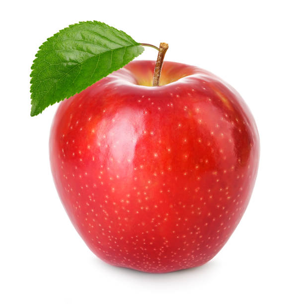 istock Red apple with green leaf isolated on white background. 1196008821