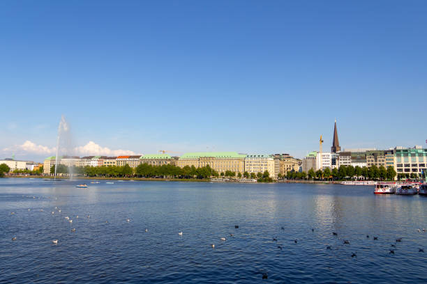 A bright summer day at the Binnenalster lake in the city center of Hamburg, Germany
