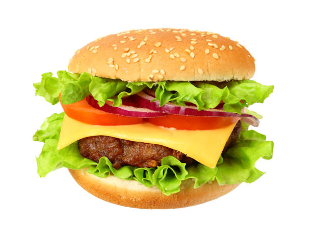 istock bbq hamburger with vegetables, spices isolated on white background 1196009919
